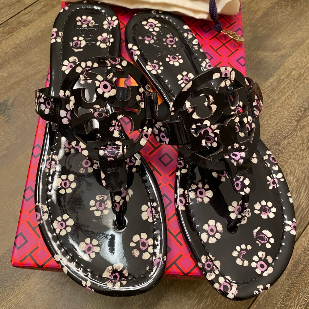 SOLD Tory Burch Floral Patent Leather Miller Sandals